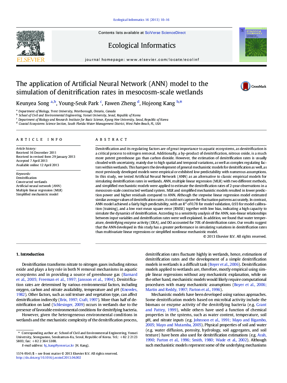 The application of Artificial Neural Network (ANN) model to the simulation of denitrification rates in mesocosm-scale wetlands