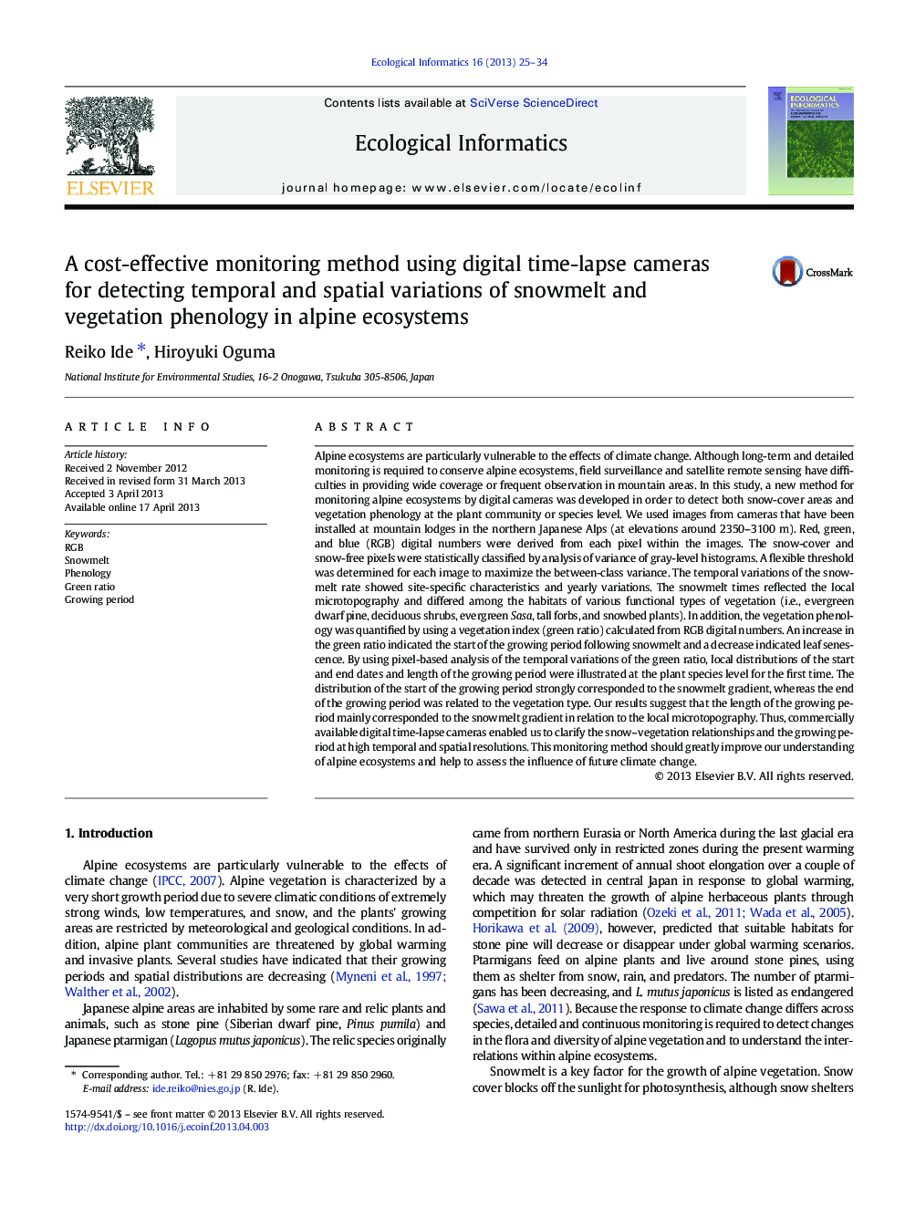 A cost-effective monitoring method using digital time-lapse cameras for detecting temporal and spatial variations of snowmelt and vegetation phenology in alpine ecosystems