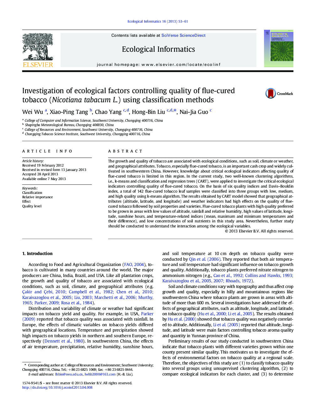 Investigation of ecological factors controlling quality of flue-cured tobacco (Nicotiana tabacum L.) using classification methods