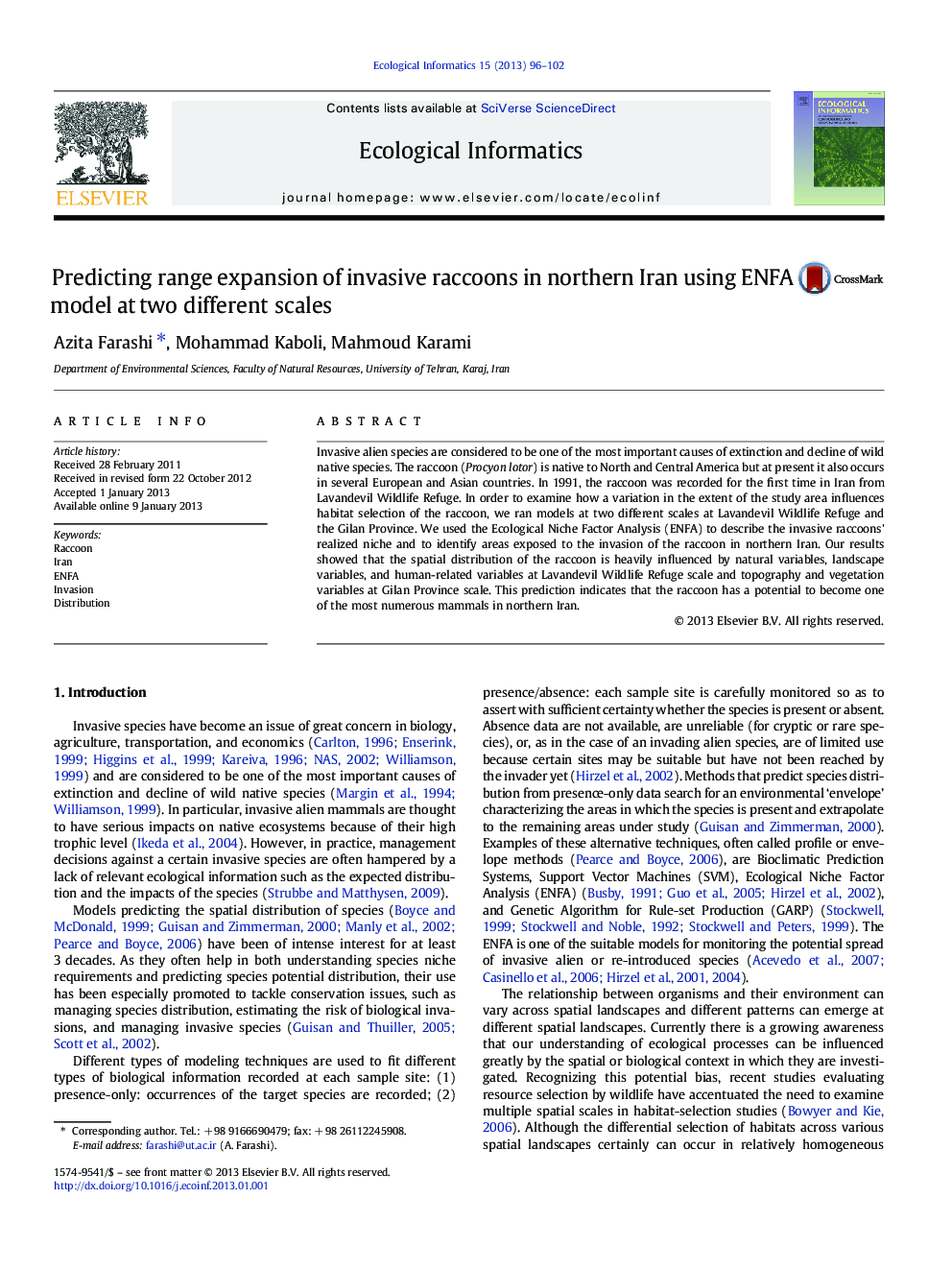 Predicting range expansion of invasive raccoons in northern Iran using ENFA model at two different scales