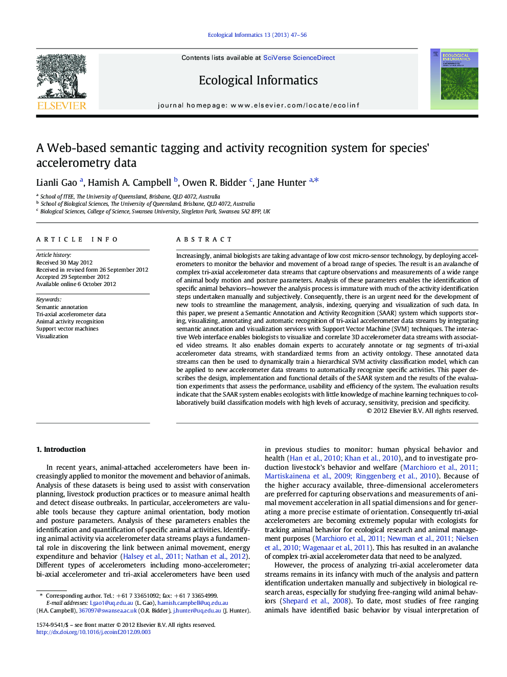 A Web-based semantic tagging and activity recognition system for species' accelerometry data