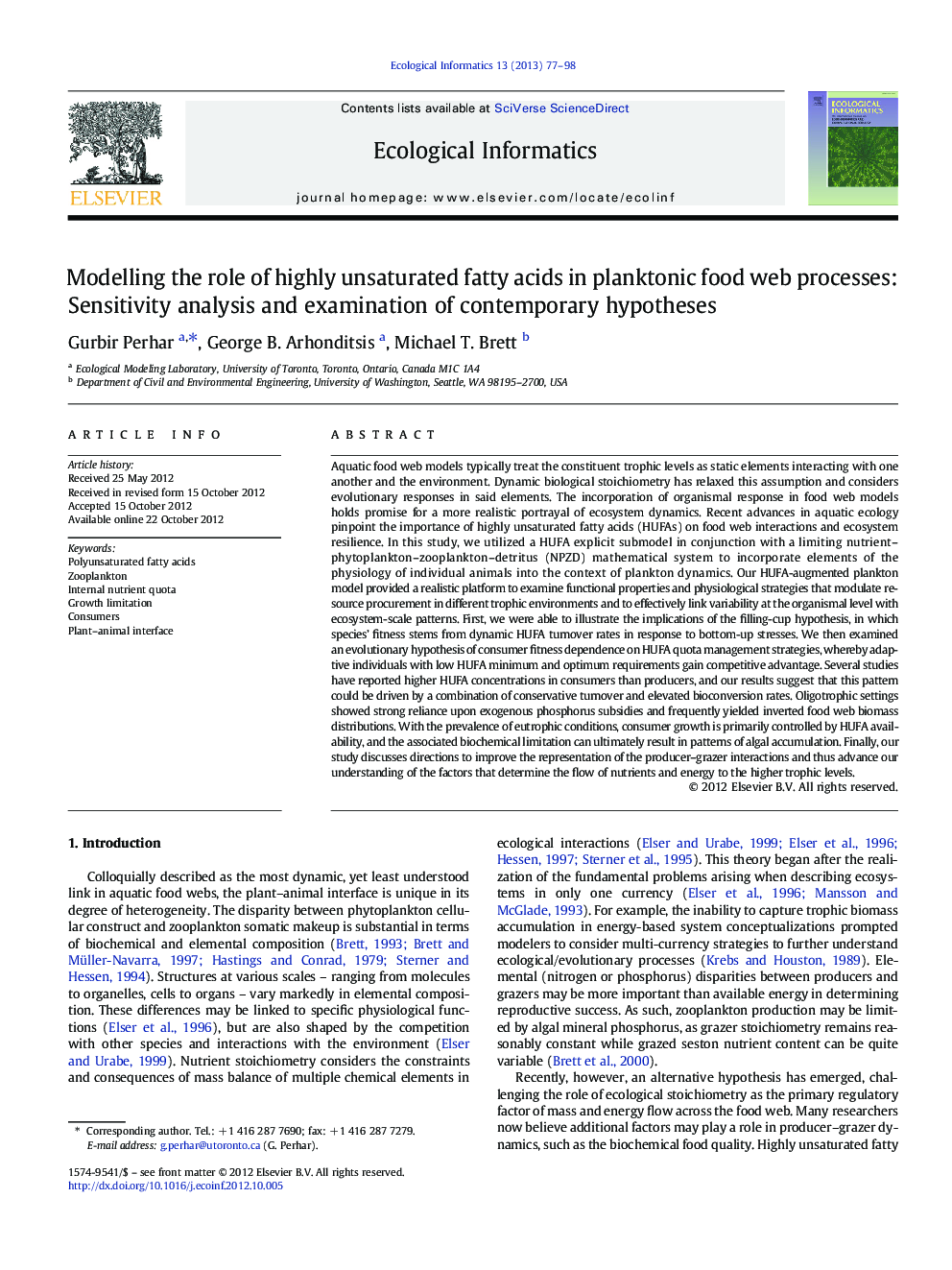 Modelling the role of highly unsaturated fatty acids in planktonic food web processes: Sensitivity analysis and examination of contemporary hypotheses