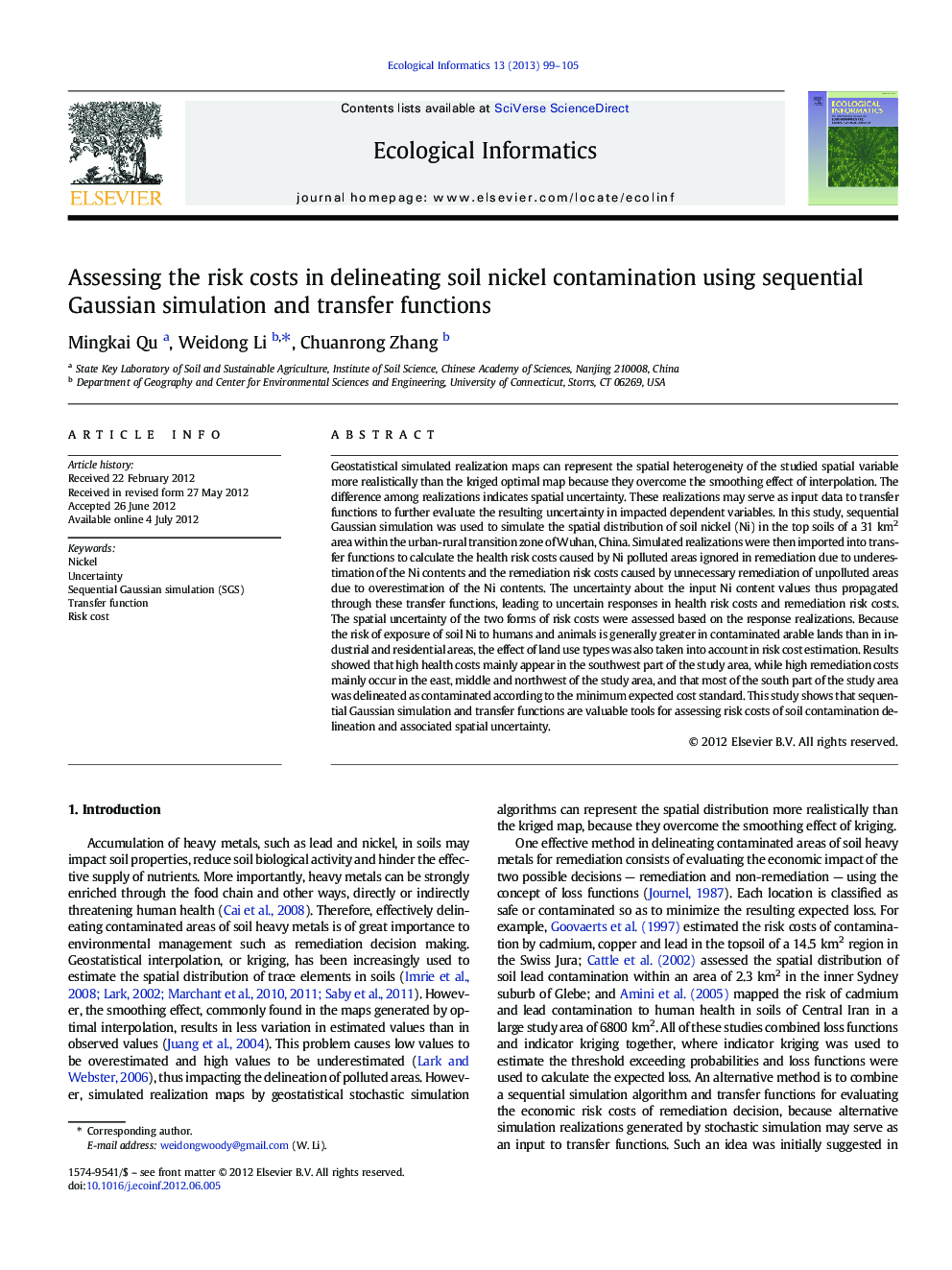 Assessing the risk costs in delineating soil nickel contamination using sequential Gaussian simulation and transfer functions