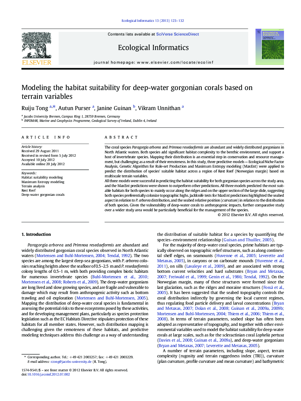 Modeling the habitat suitability for deep-water gorgonian corals based on terrain variables