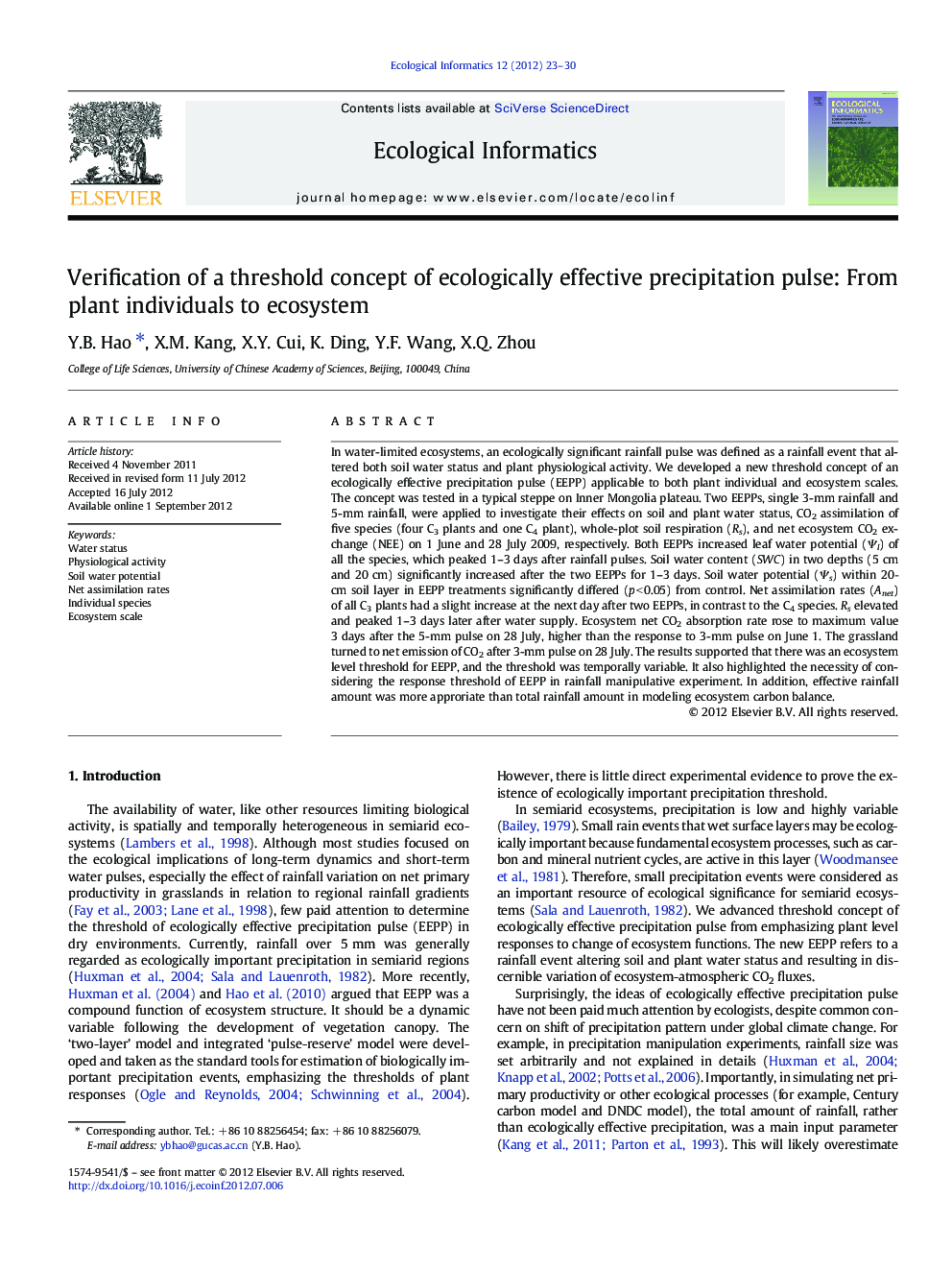 Verification of a threshold concept of ecologically effective precipitation pulse: From plant individuals to ecosystem