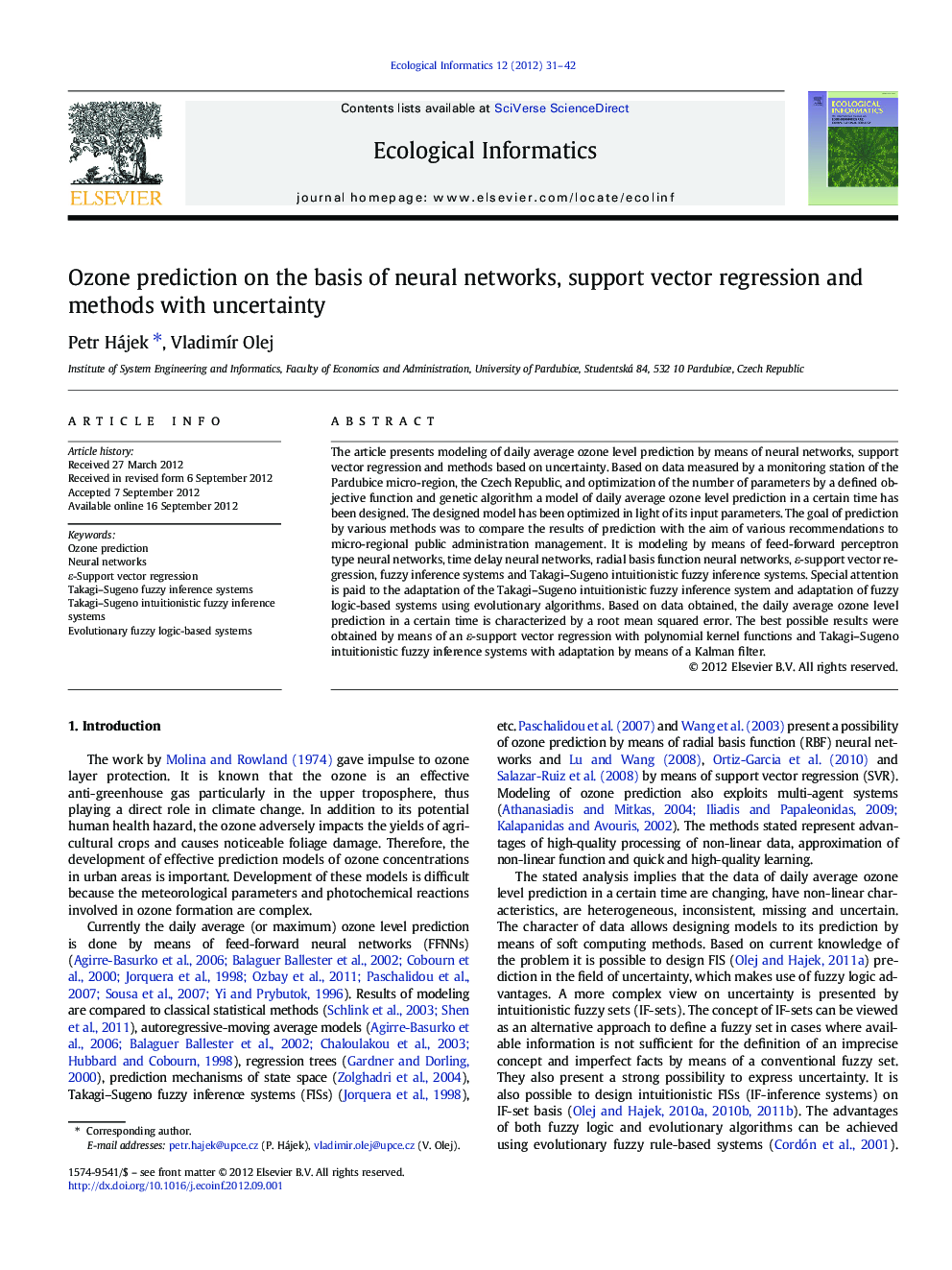 Ozone prediction on the basis of neural networks, support vector regression and methods with uncertainty