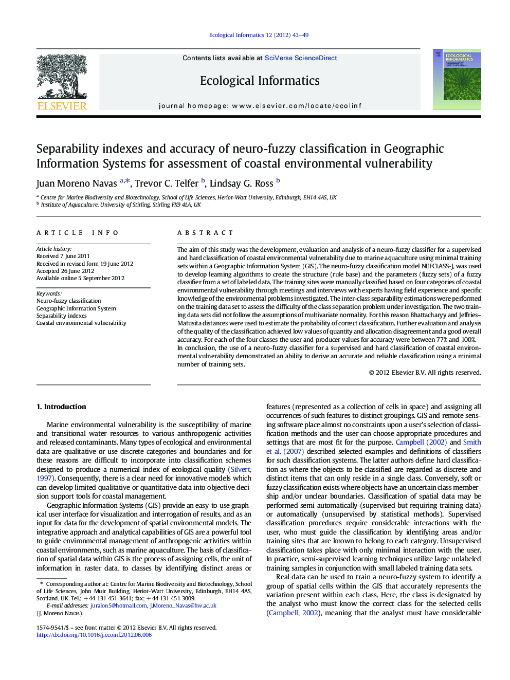 Separability indexes and accuracy of neuro-fuzzy classification in Geographic Information Systems for assessment of coastal environmental vulnerability