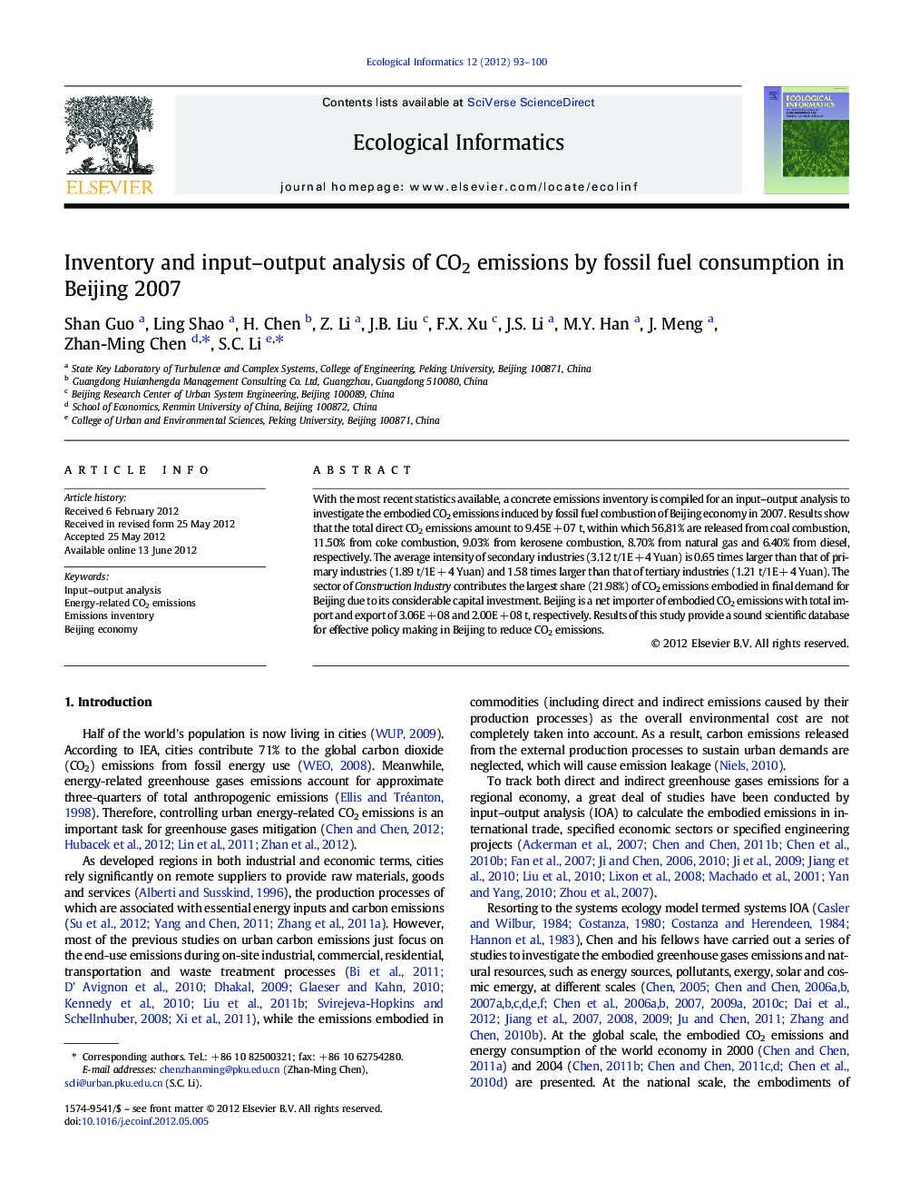 Inventory and input-output analysis of CO2 emissions by fossil fuel consumption in Beijing 2007