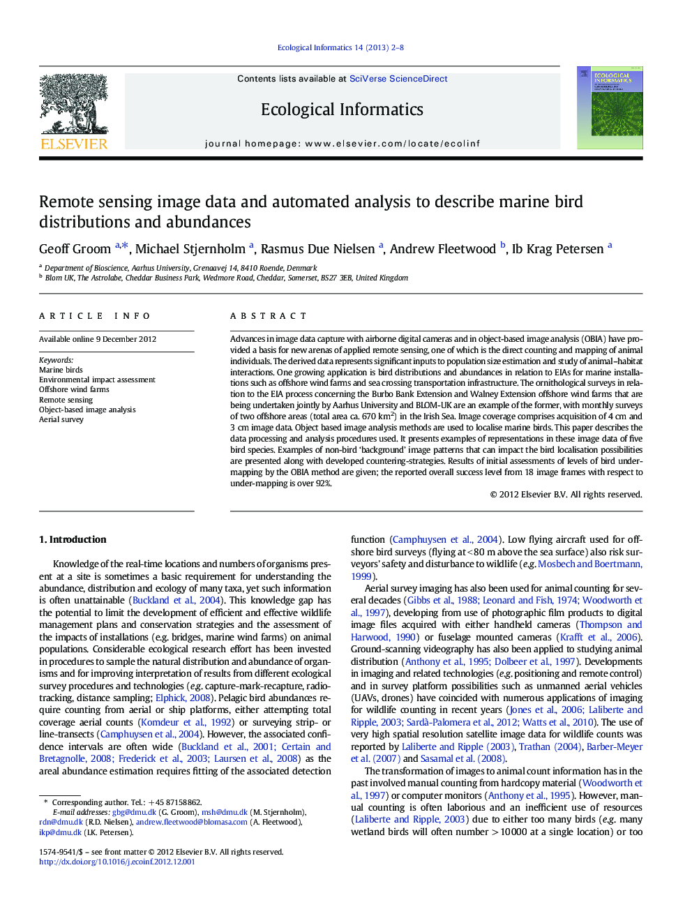 Remote sensing image data and automated analysis to describe marine bird distributions and abundances