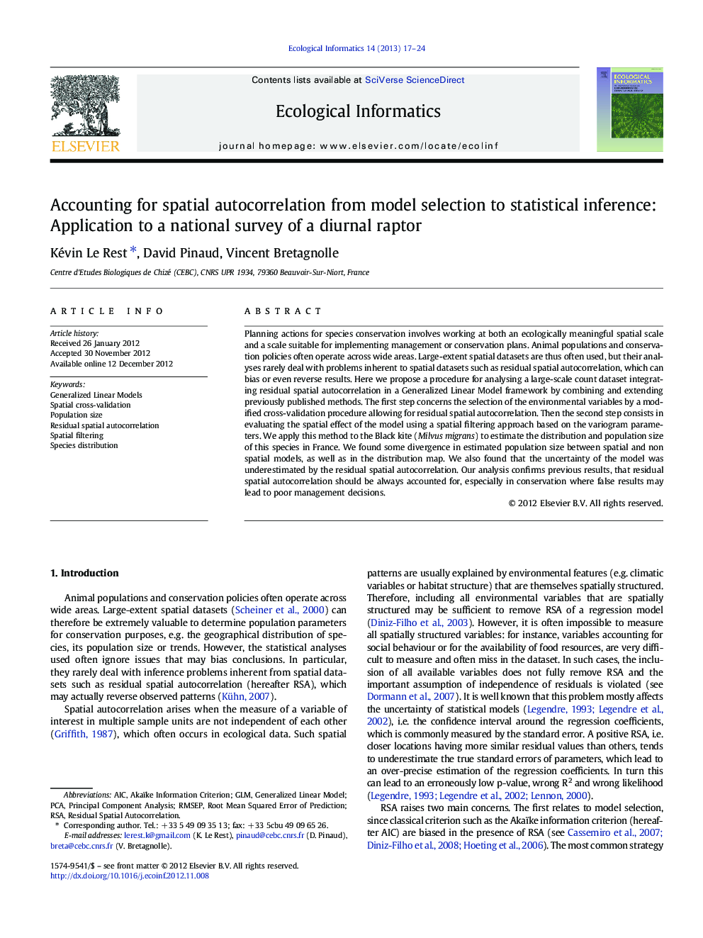 Accounting for spatial autocorrelation from model selection to statistical inference: Application to a national survey of a diurnal raptor