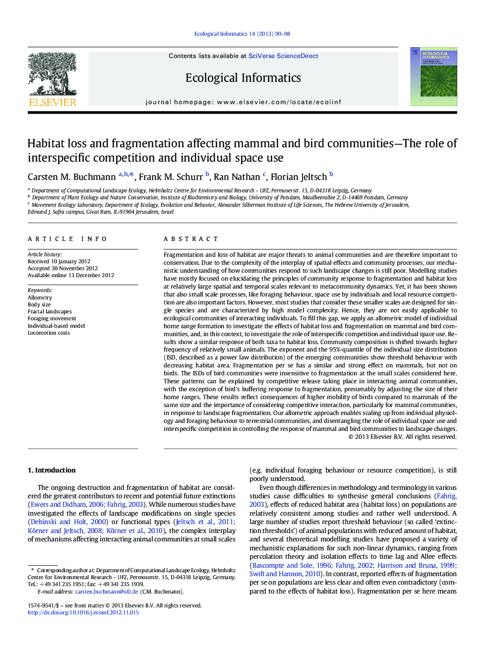 Habitat loss and fragmentation affecting mammal and bird communities—The role of interspecific competition and individual space use