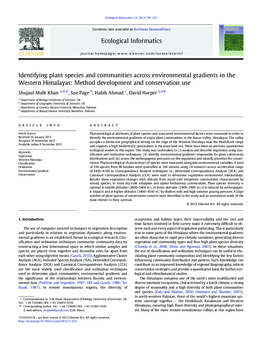 Identifying plant species and communities across environmental gradients in the Western Himalayas: Method development and conservation use