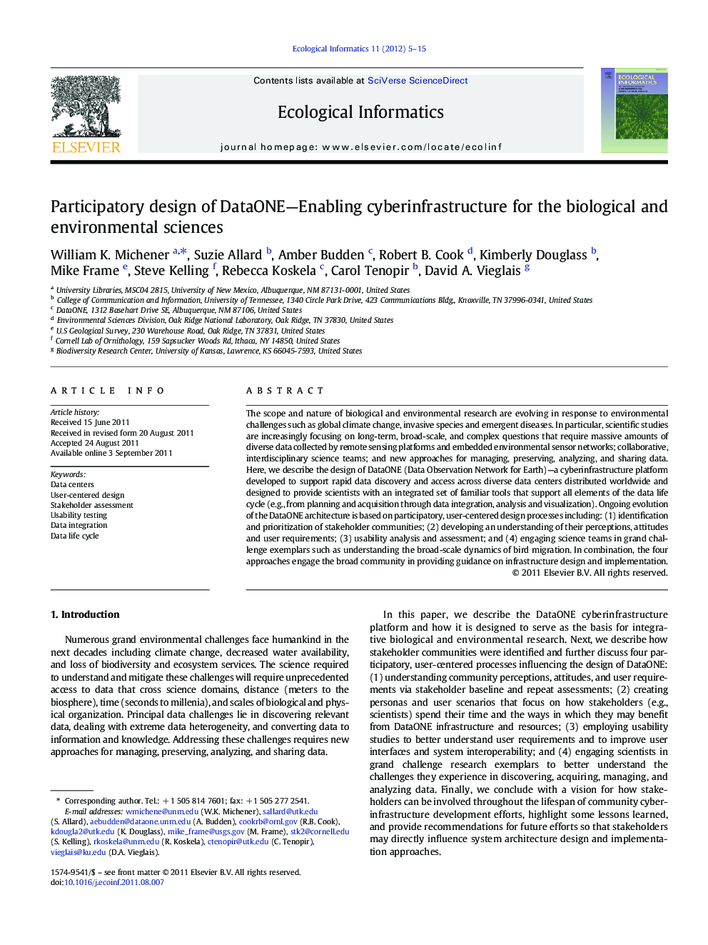 Participatory design of DataONE—Enabling cyberinfrastructure for the biological and environmental sciences