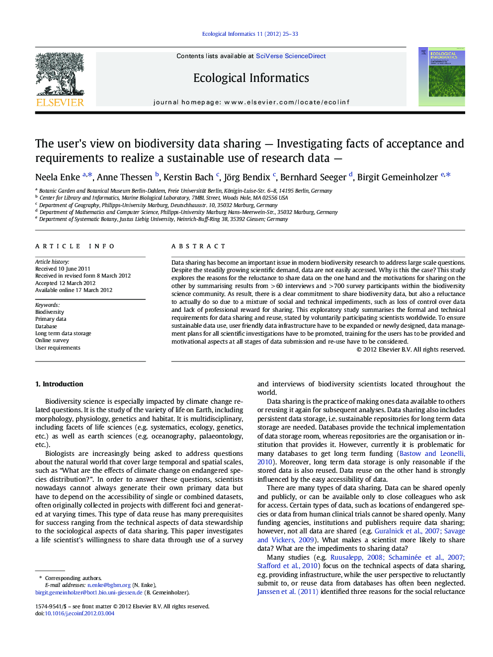 The user's view on biodiversity data sharing - Investigating facts of acceptance and requirements to realize a sustainable use of research data -