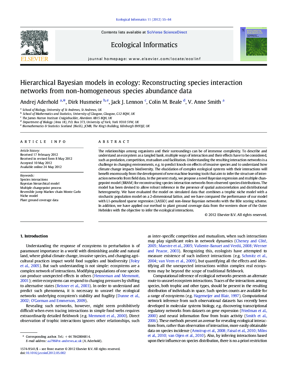 Hierarchical Bayesian models in ecology: Reconstructing species interaction networks from non-homogeneous species abundance data