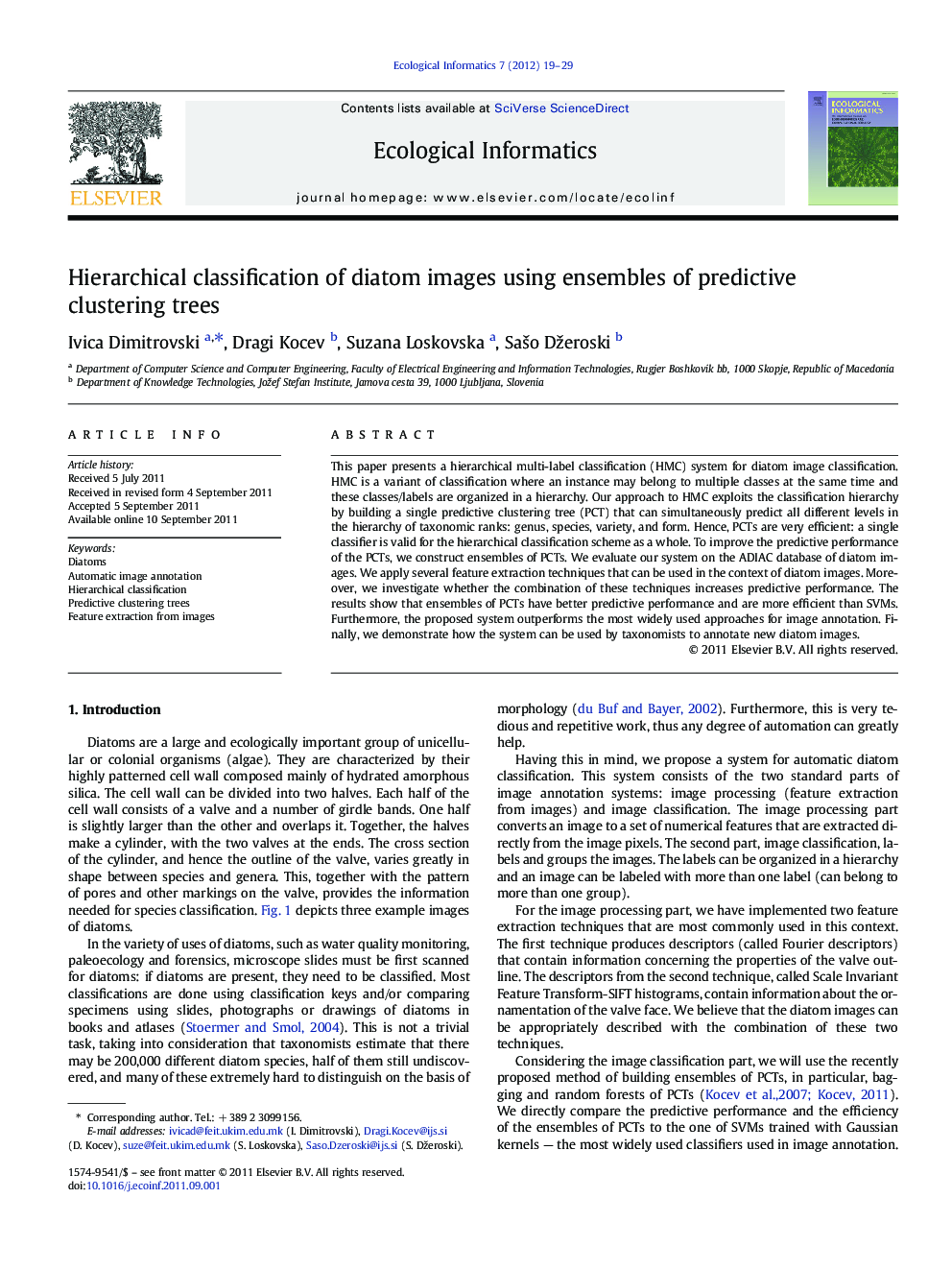 Hierarchical classification of diatom images using ensembles of predictive clustering trees