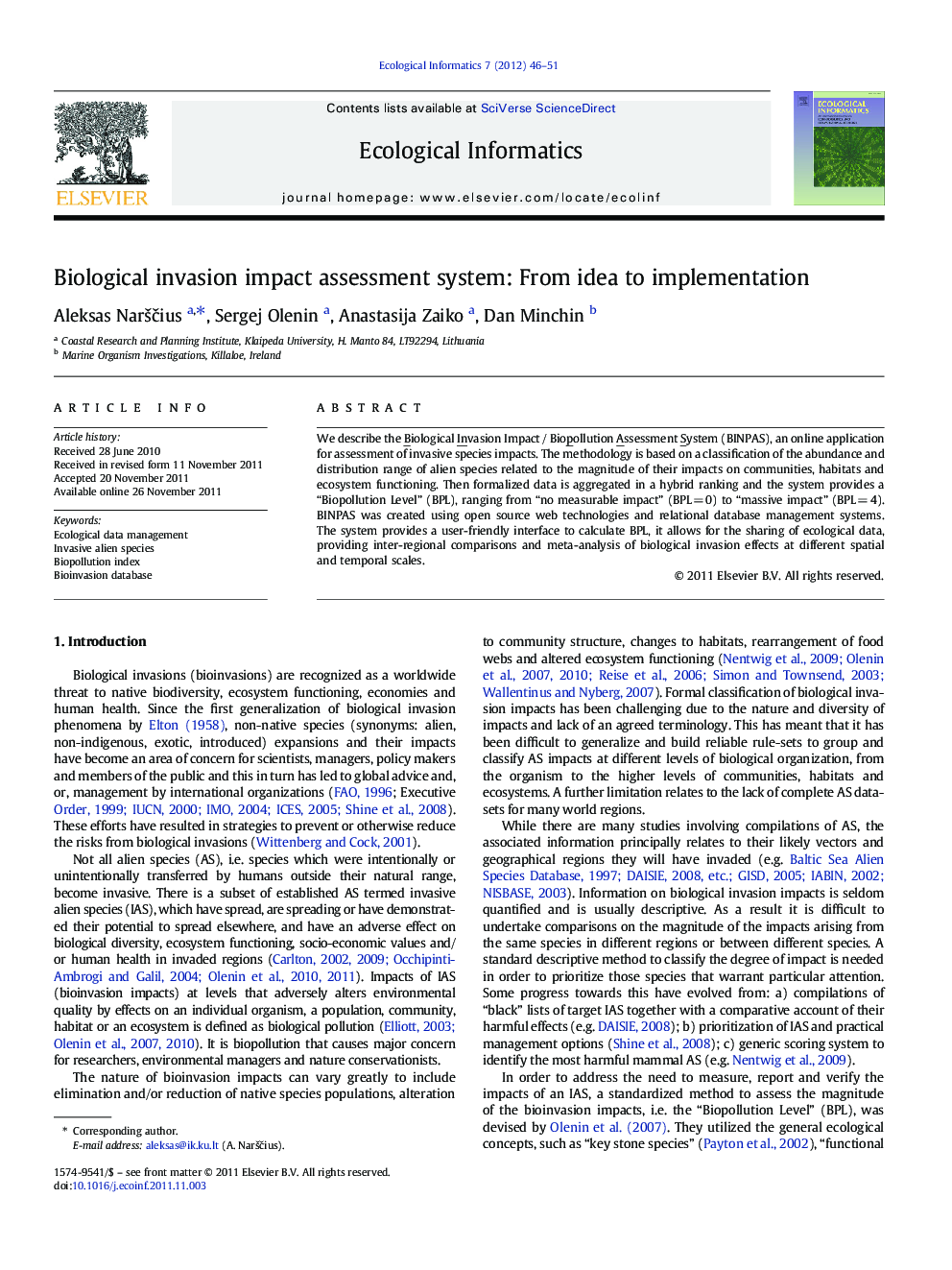 Biological invasion impact assessment system: From idea to implementation