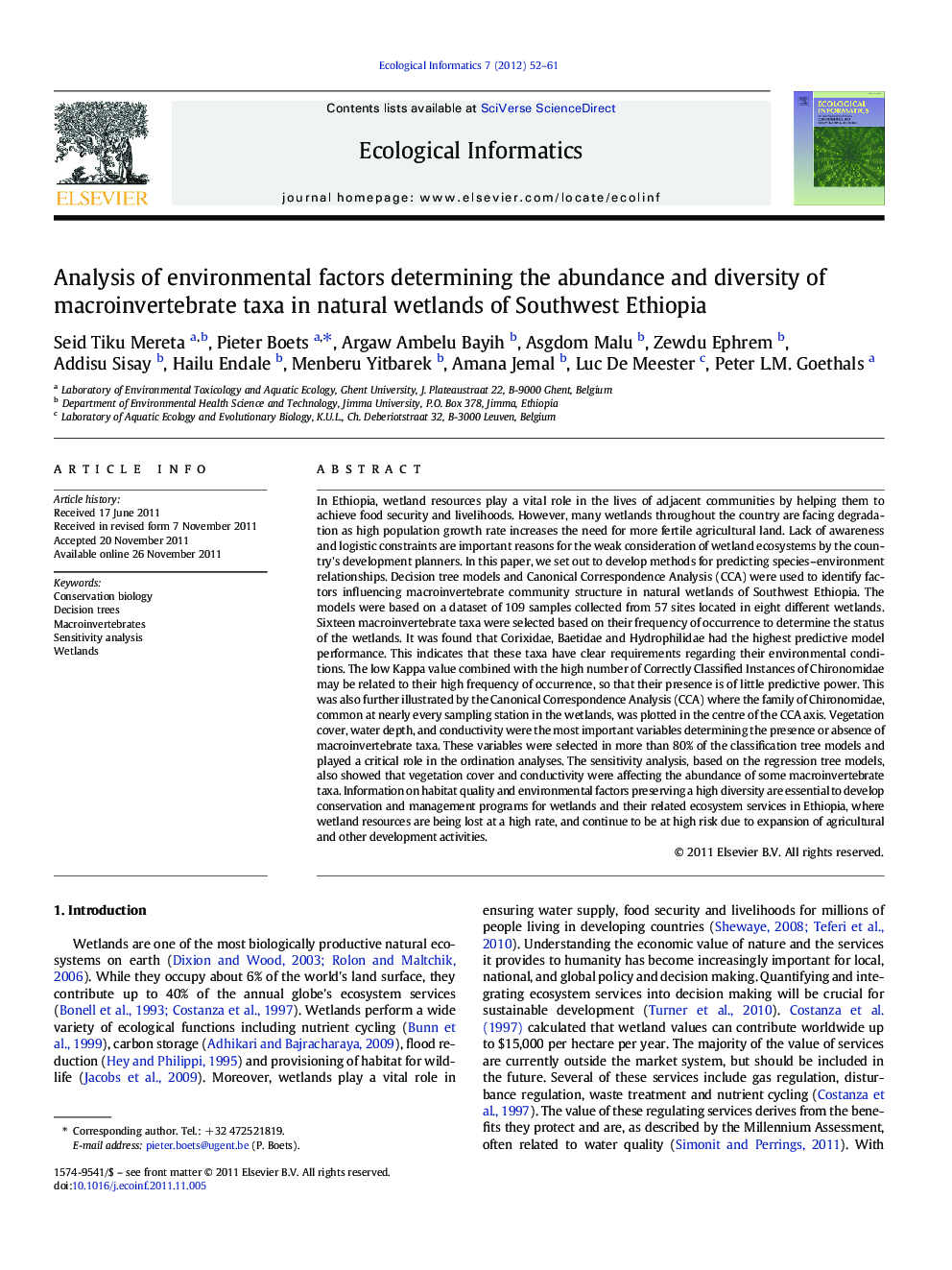 Analysis of environmental factors determining the abundance and diversity of macroinvertebrate taxa in natural wetlands of Southwest Ethiopia