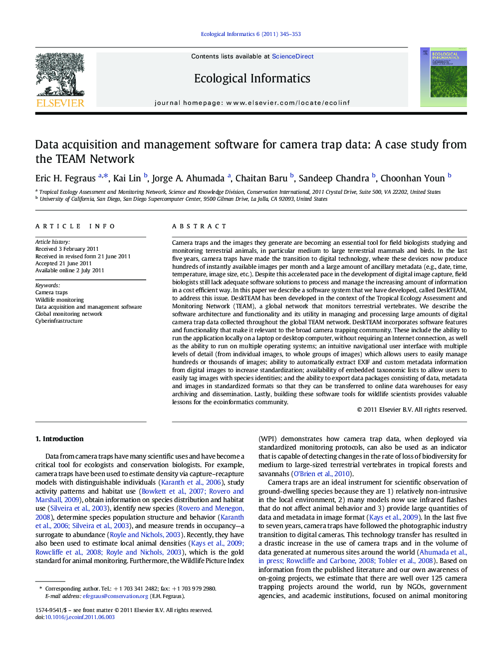 Data acquisition and management software for camera trap data: A case study from the TEAM Network