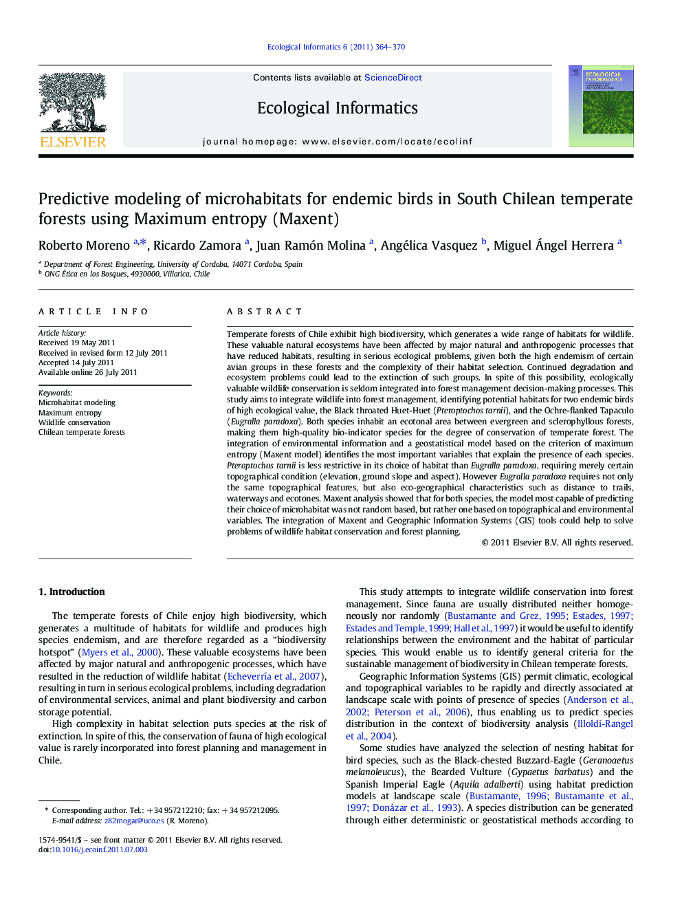 Predictive modeling of microhabitats for endemic birds in South Chilean temperate forests using Maximum entropy (Maxent)