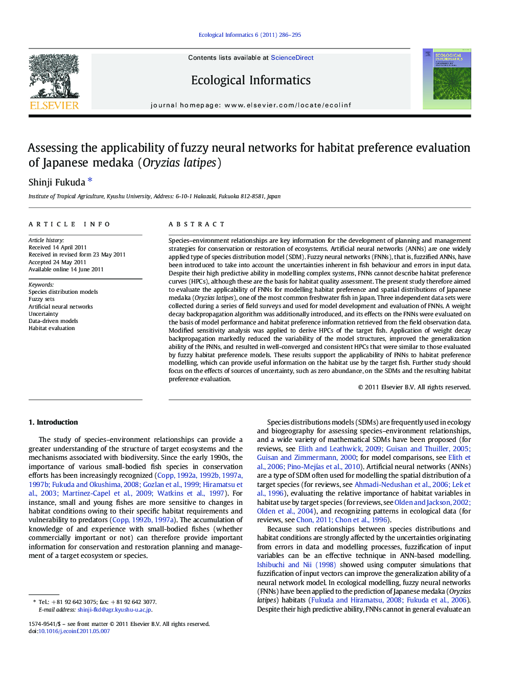 Assessing the applicability of fuzzy neural networks for habitat preference evaluation of Japanese medaka (Oryzias latipes)