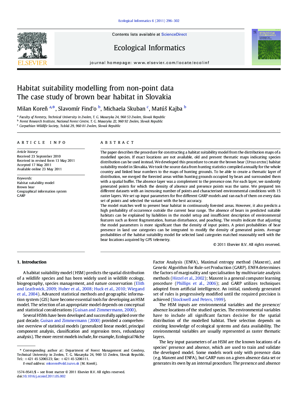 Habitat suitability modelling from non-point data: The case study of brown bear habitat in Slovakia