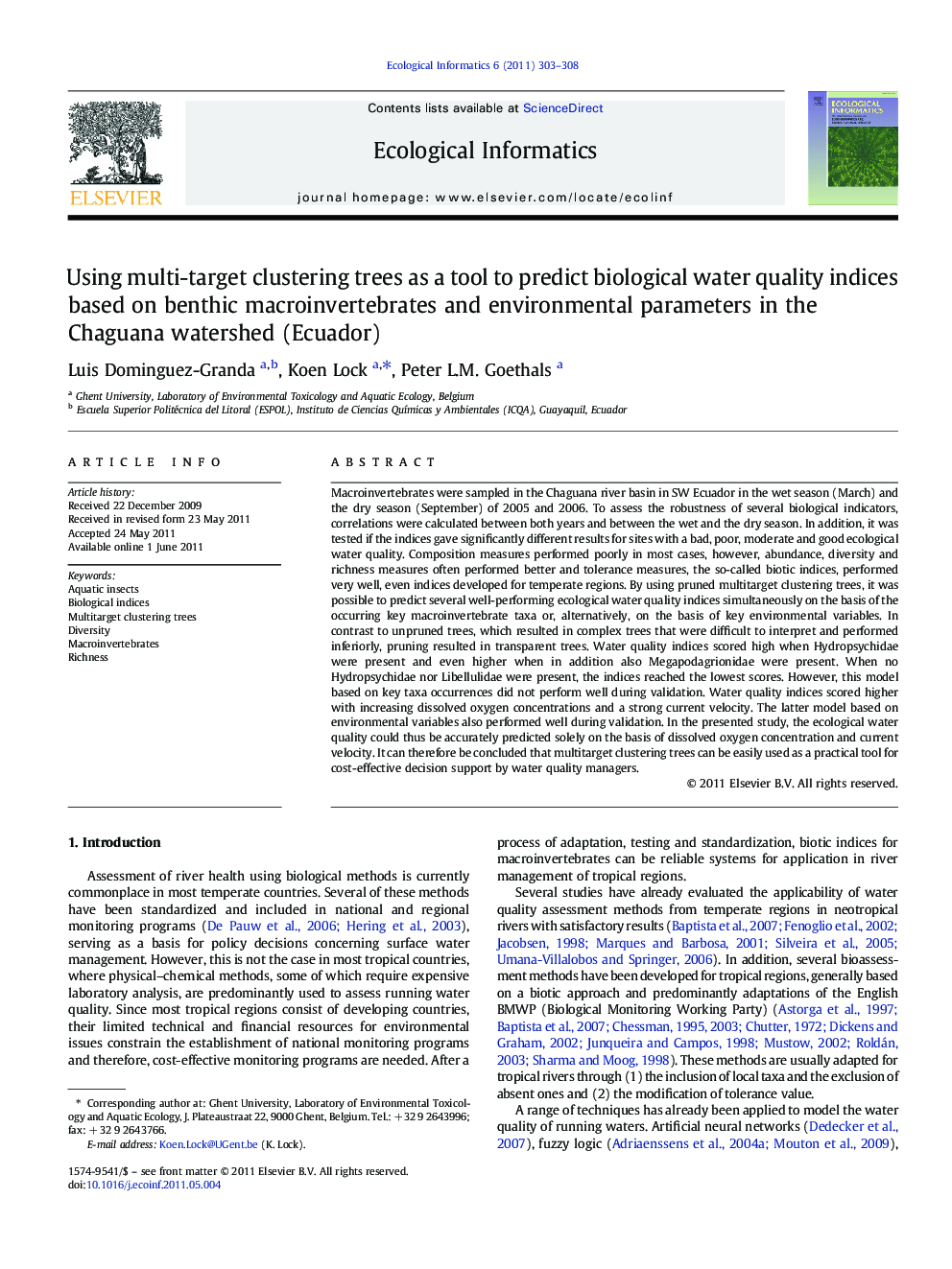 Using multi-target clustering trees as a tool to predict biological water quality indices based on benthic macroinvertebrates and environmental parameters in the Chaguana watershed (Ecuador)