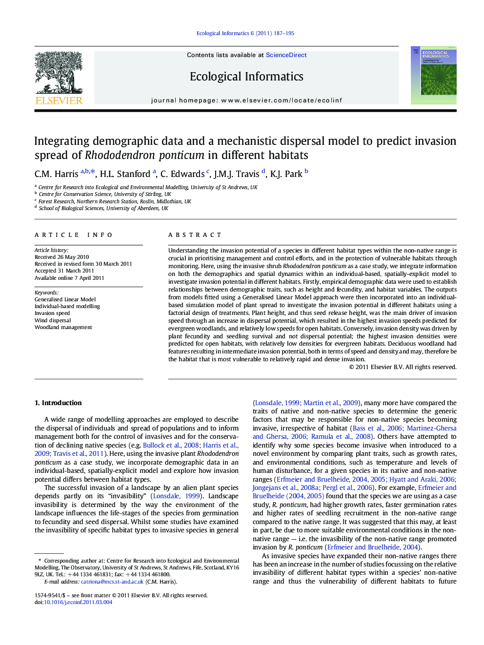 Integrating demographic data and a mechanistic dispersal model to predict invasion spread of Rhododendron ponticum in different habitats