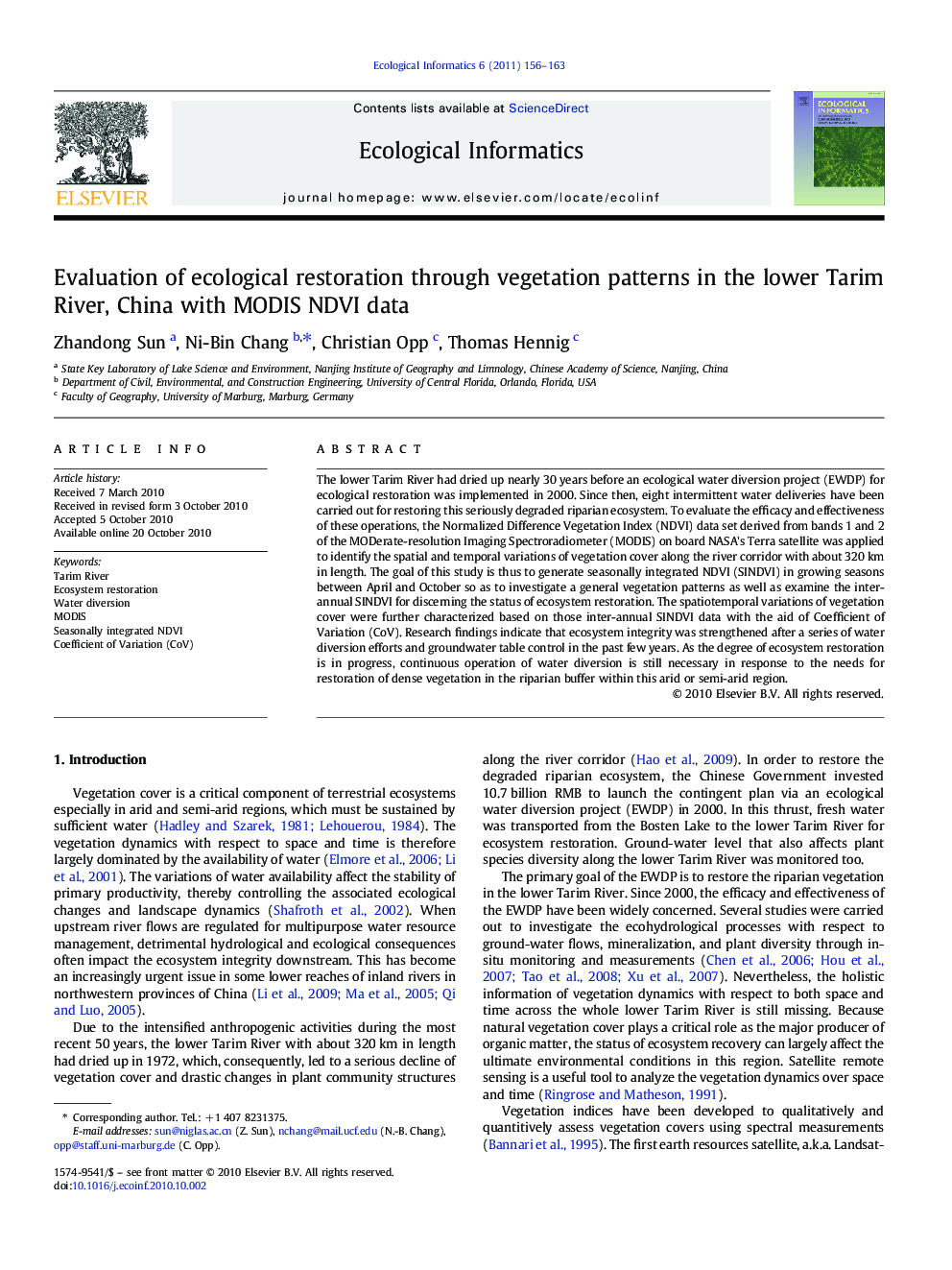 Evaluation of ecological restoration through vegetation patterns in the lower Tarim River, China with MODIS NDVI data