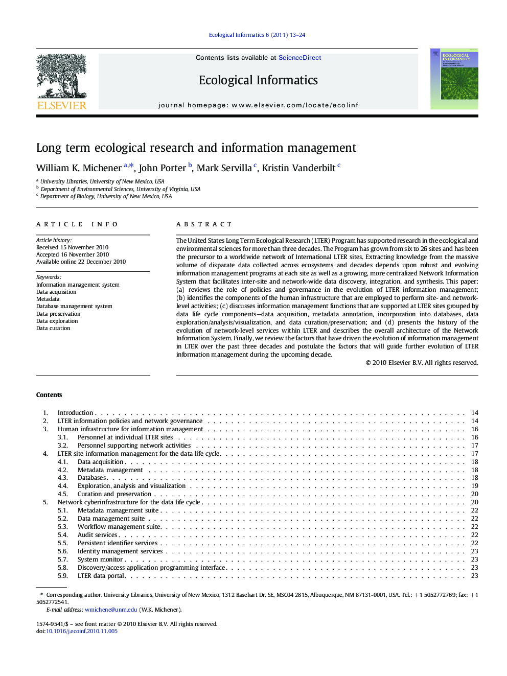 Long term ecological research and information management