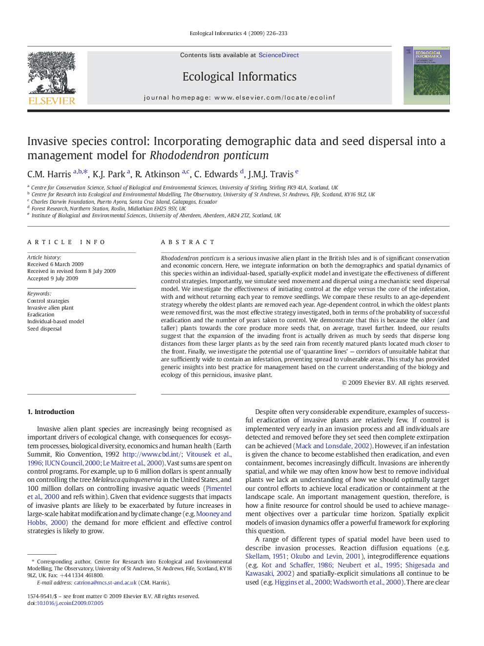 Invasive species control: Incorporating demographic data and seed dispersal into a management model for Rhododendron ponticum