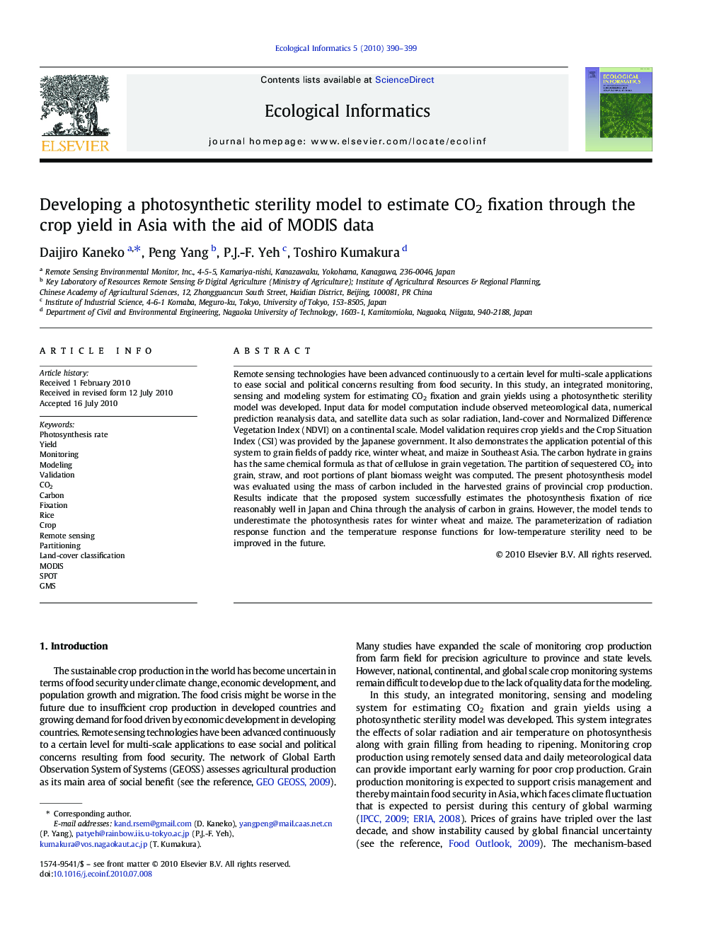 Developing a photosynthetic sterility model to estimate CO2 fixation through the crop yield in Asia with the aid of MODIS data