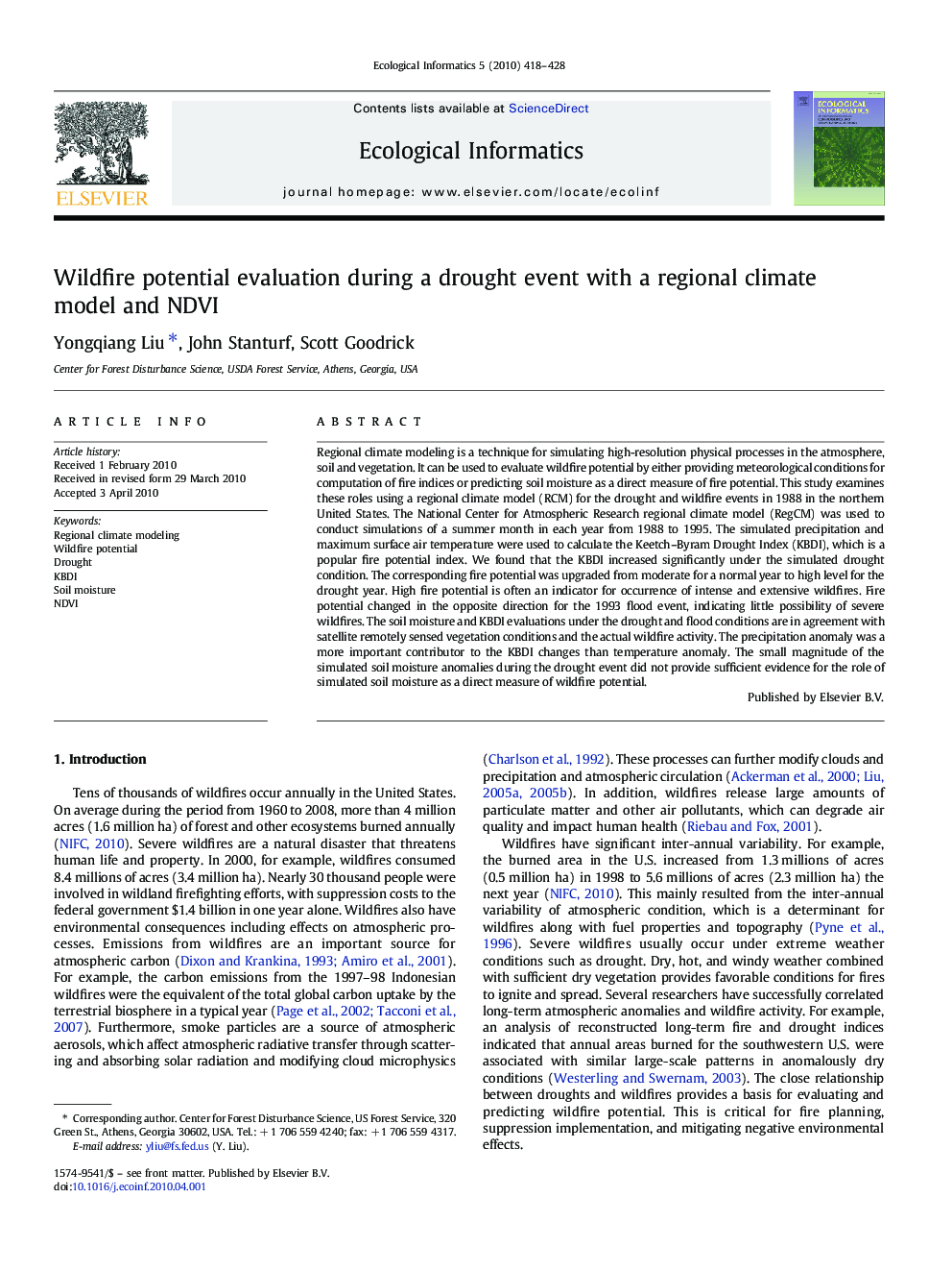 Wildfire potential evaluation during a drought event with a regional climate model and NDVI