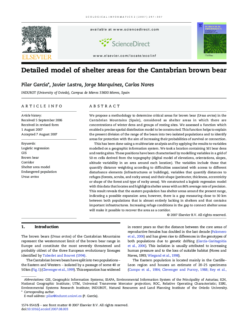 Detailed model of shelter areas for the Cantabrian brown bear