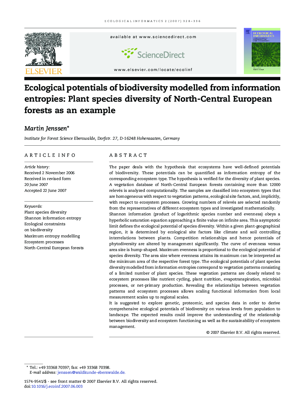 Ecological potentials of biodiversity modelled from information entropies: Plant species diversity of North-Central European forests as an example