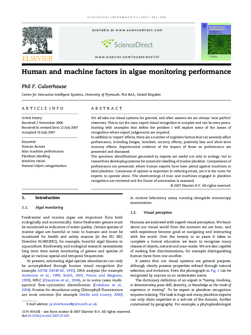 Human and machine factors in algae monitoring performance