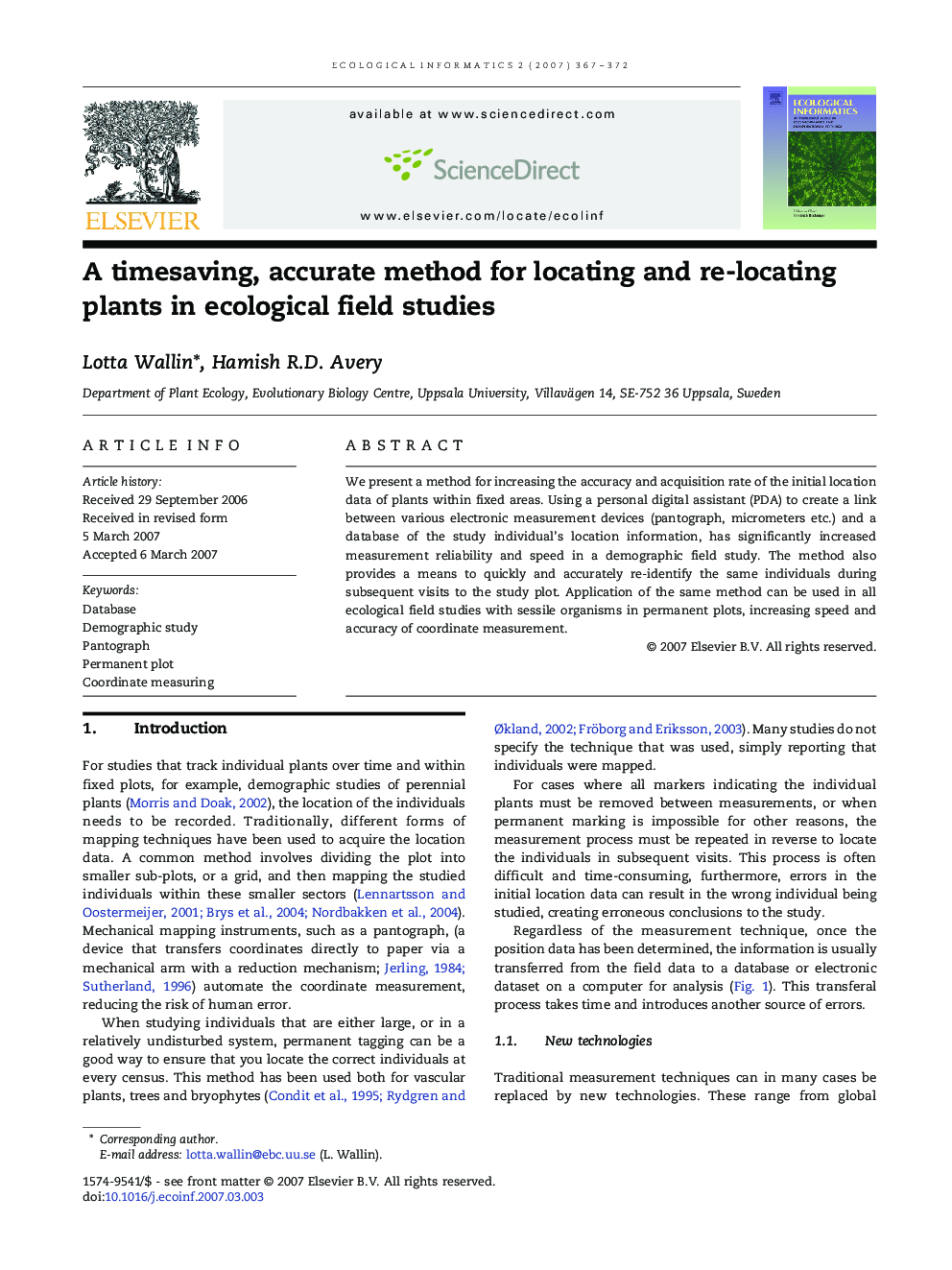 A timesaving, accurate method for locating and re-locating plants in ecological field studies