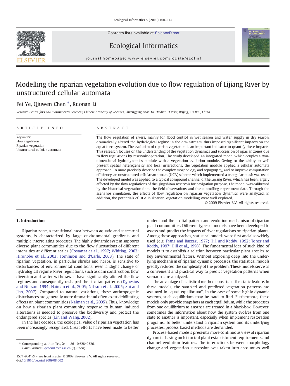 Modelling the riparian vegetation evolution due to flow regulation of Lijiang River by unstructured cellular automata