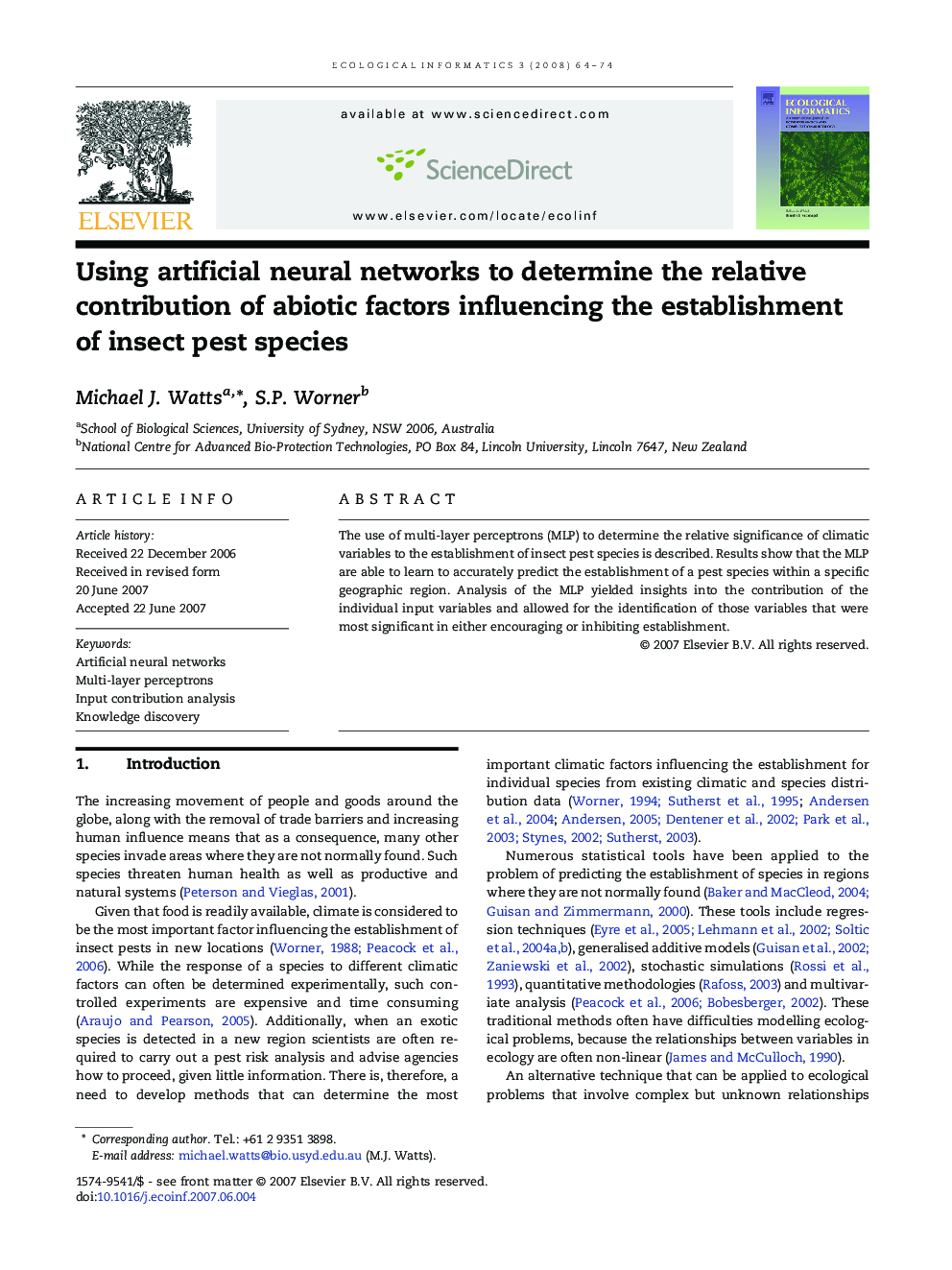 Using artificial neural networks to determine the relative contribution of abiotic factors influencing the establishment of insect pest species