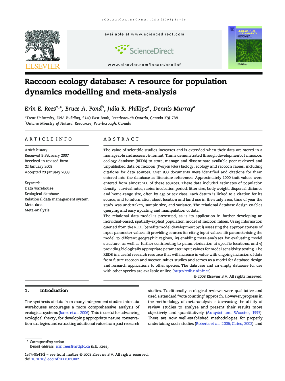 Raccoon ecology database: A resource for population dynamics modelling and meta-analysis