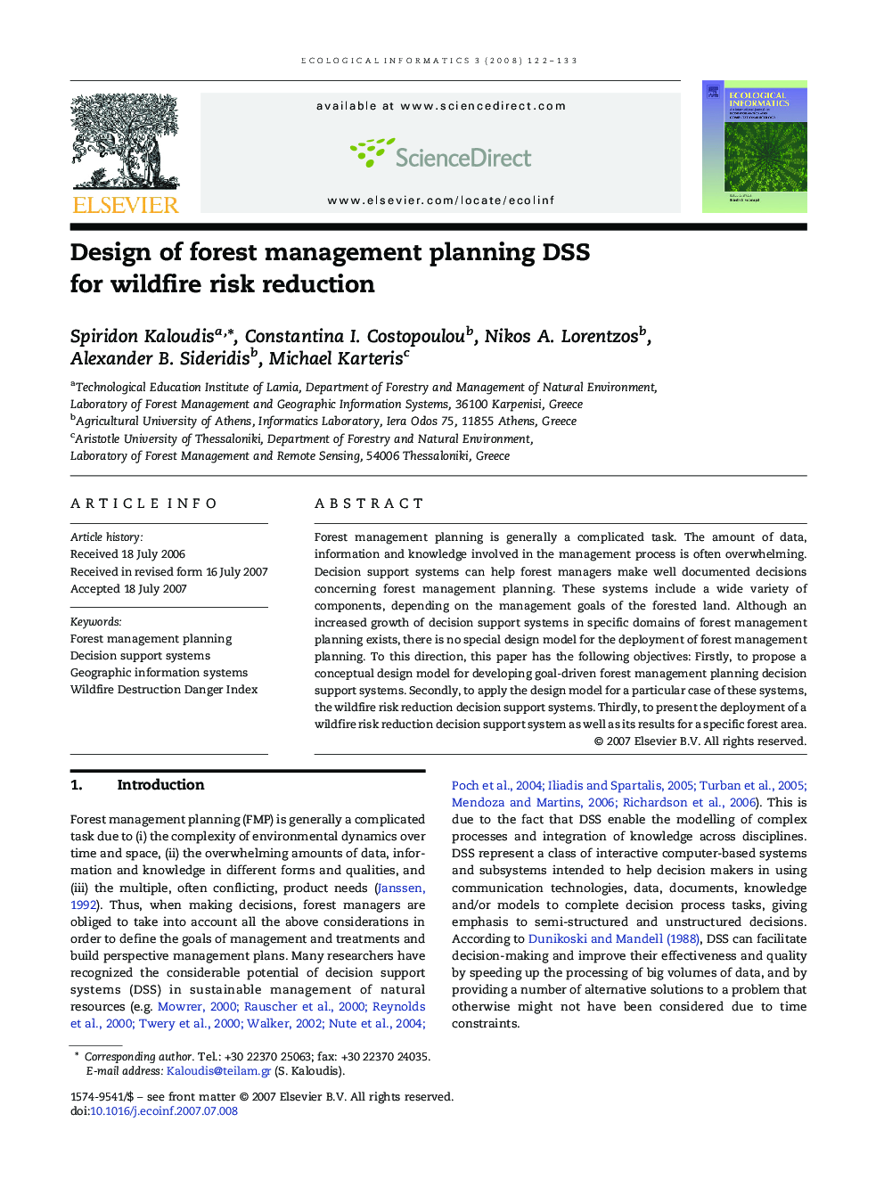 Design of forest management planning DSS for wildfire risk reduction