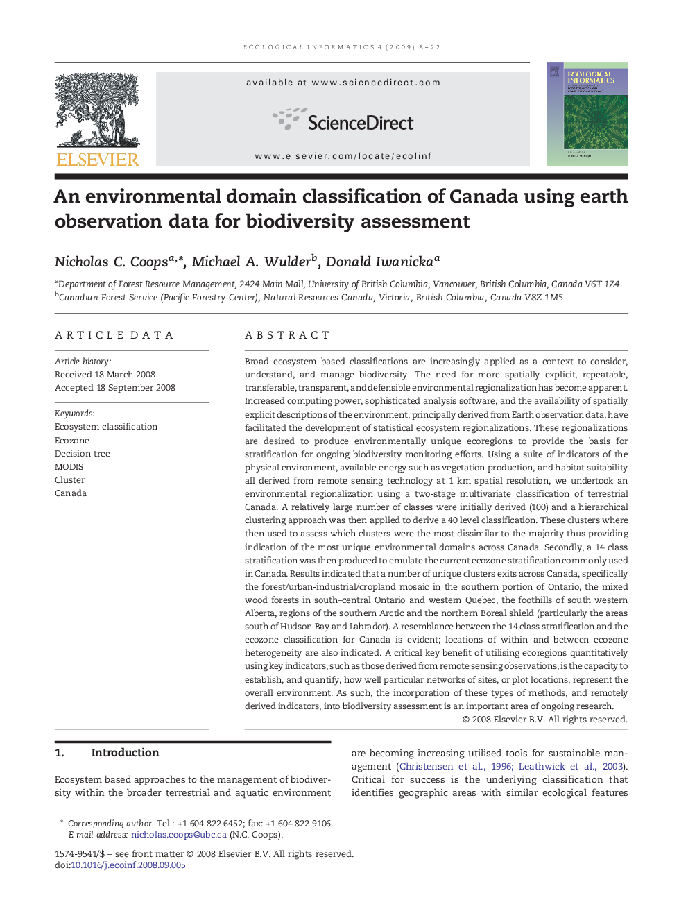 An environmental domain classification of Canada using earth observation data for biodiversity assessment