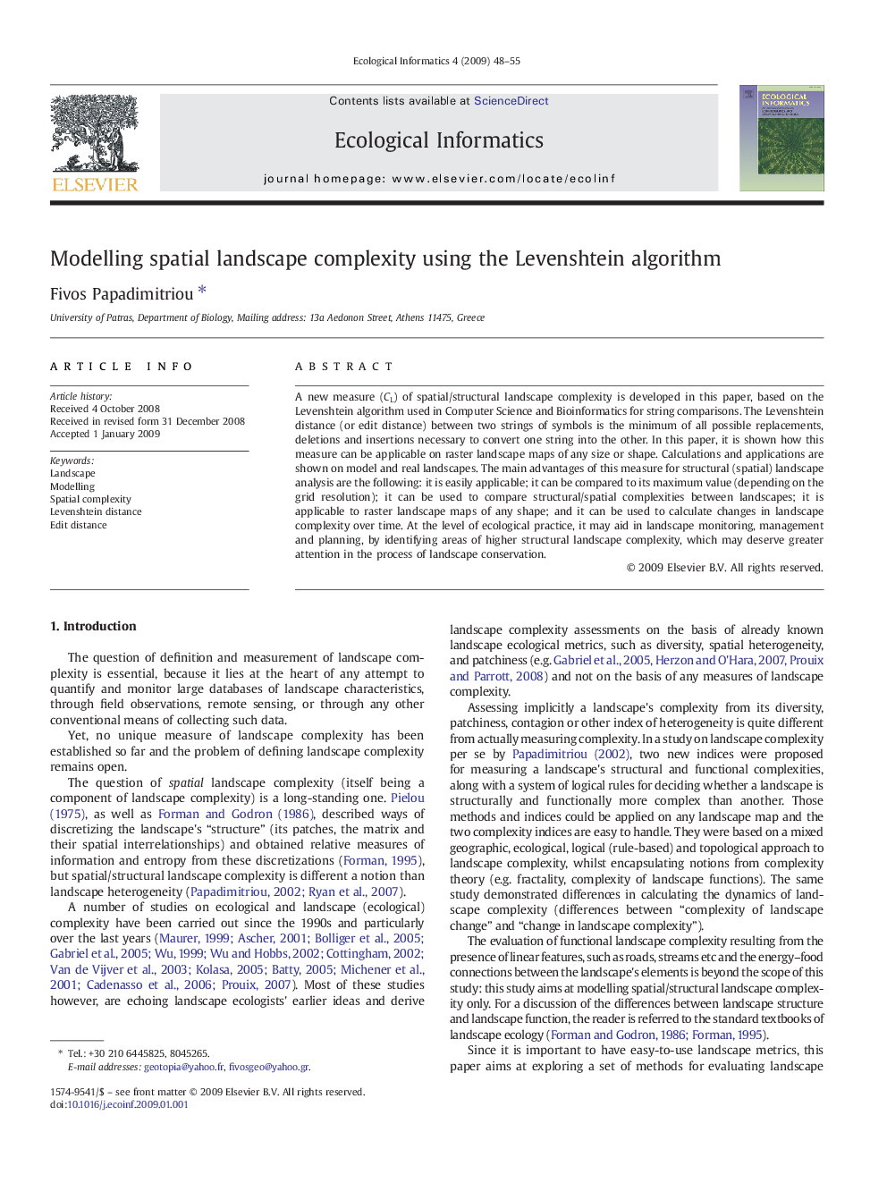 Modelling spatial landscape complexity using the Levenshtein algorithm