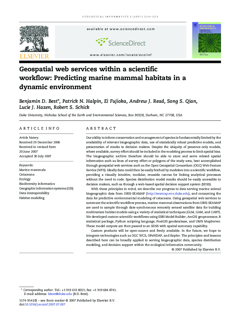 Geospatial web services within a scientific workflow: Predicting marine mammal habitats in a dynamic environment