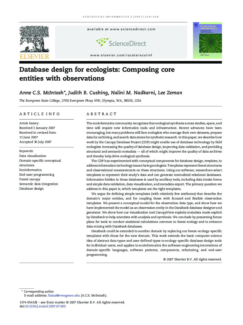 Database design for ecologists: Composing core entities with observations