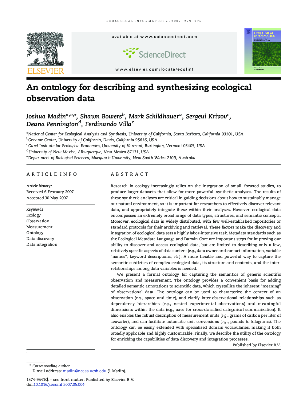 An ontology for describing and synthesizing ecological observation data