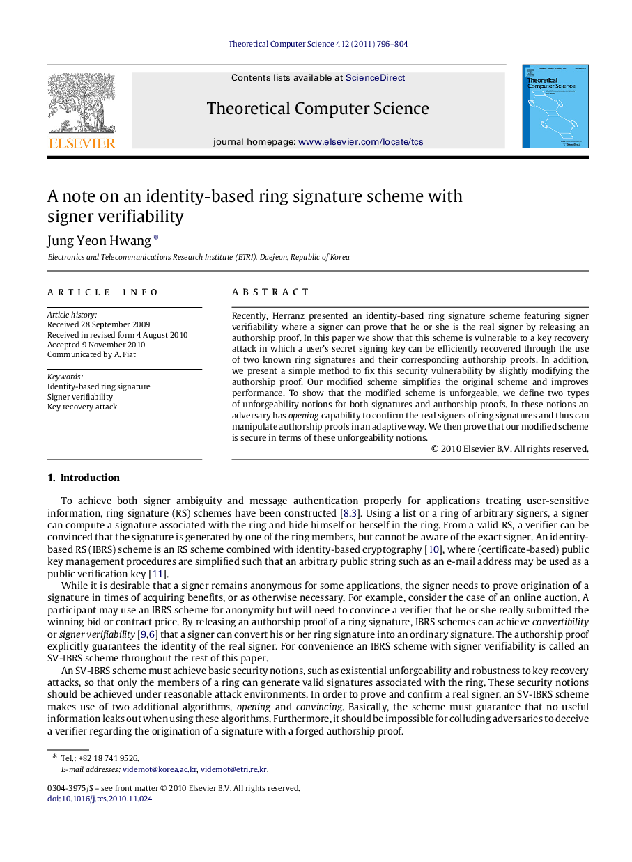 A note on an identity-based ring signature scheme with signer verifiability