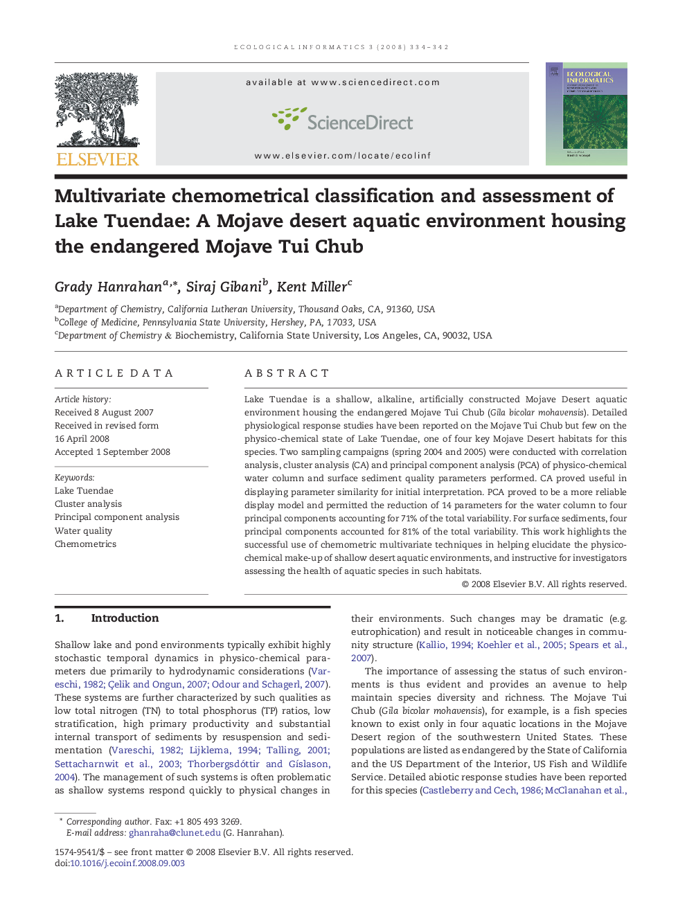 Multivariate chemometrical classification and assessment of Lake Tuendae: A Mojave desert aquatic environment housing the endangered Mojave Tui Chub