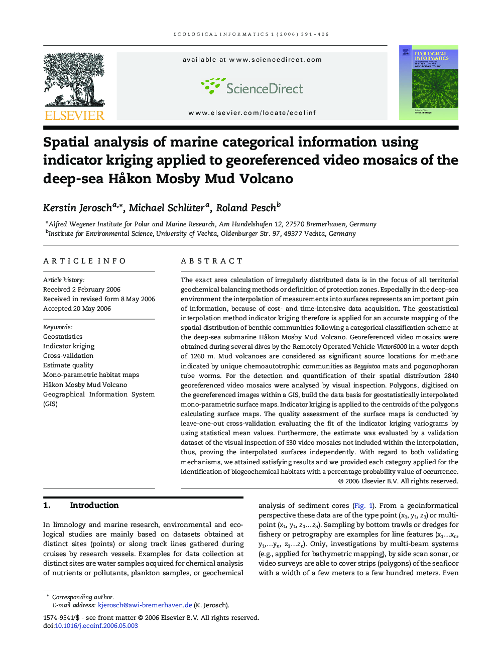 Spatial analysis of marine categorical information using indicator kriging applied to georeferenced video mosaics of the deep-sea HÃ¥kon Mosby Mud Volcano