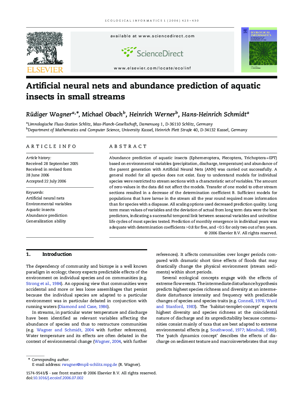 Artificial neural nets and abundance prediction of aquatic insects in small streams